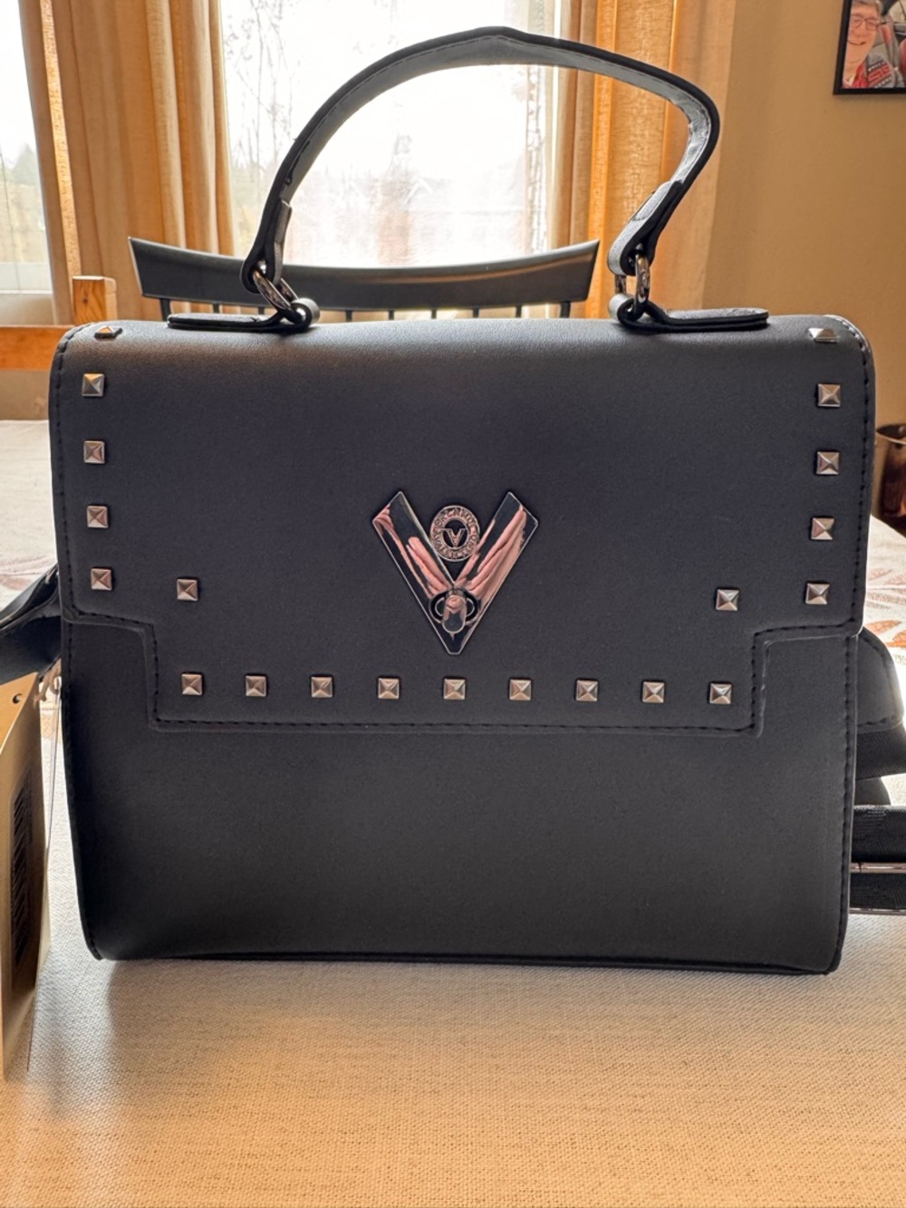 Valentino Orlandi Vegan Black Structured Top-Handle Studded Crossbody Bag